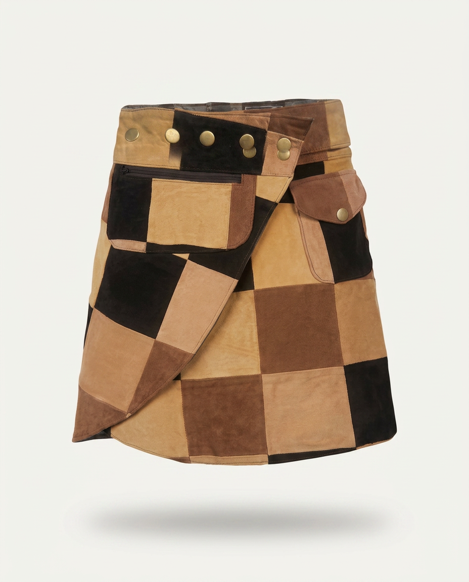 Patchwork Suede Mini Skirt — Tan & Brown