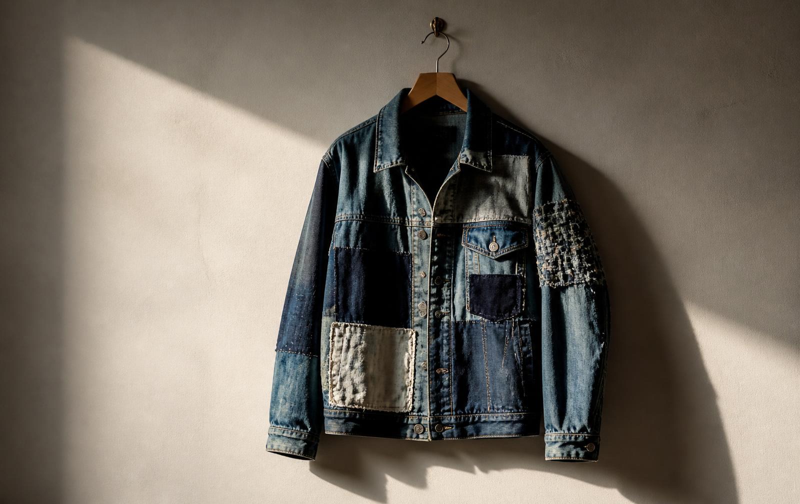 A single reworked patchwork denim jacket hanging on a wall