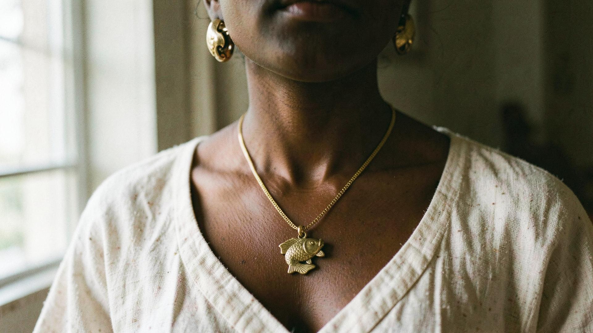 Close crop of a brass koi pendant necklace and brass earrings worn with a linen top