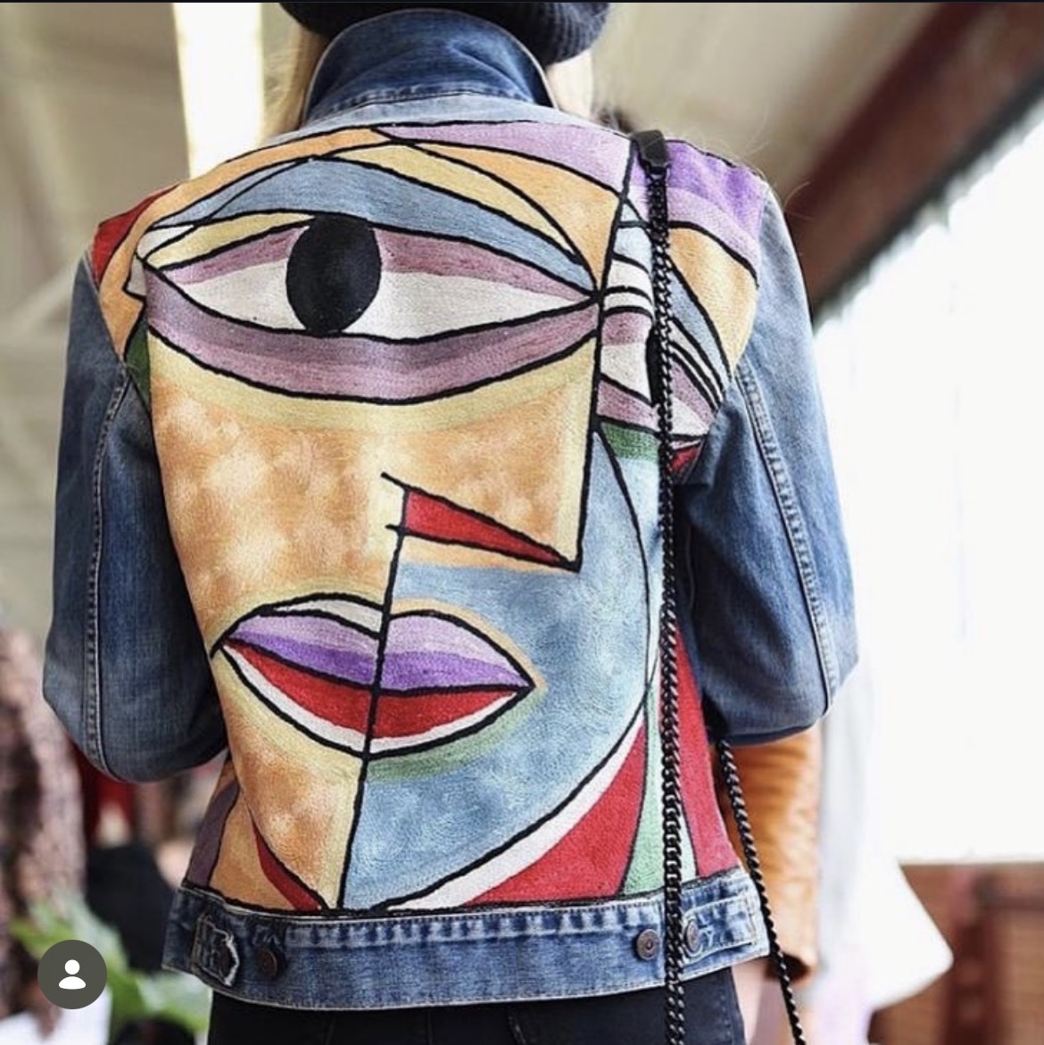 Cubist Face — Pastel — Oversized stonewash trucker, pastel panel worked across the yoke to hem.