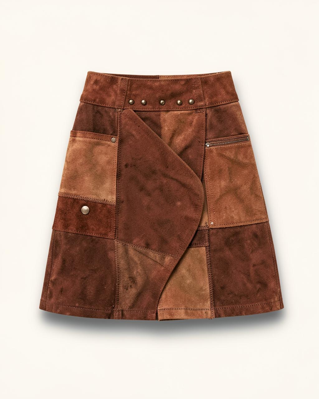 Patchwork Suede Mini Skirt — Rust & Sand
