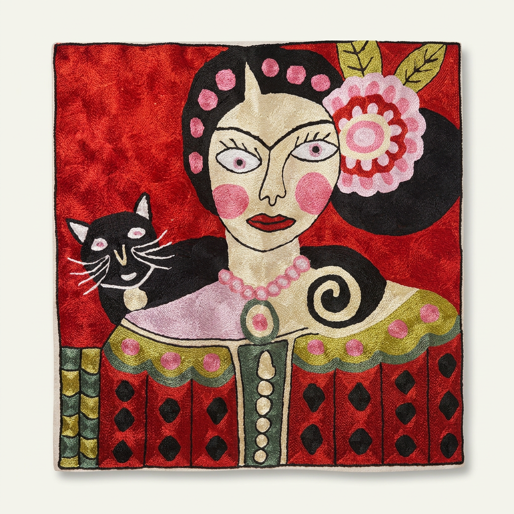 Frida with Black Cat — Crimson