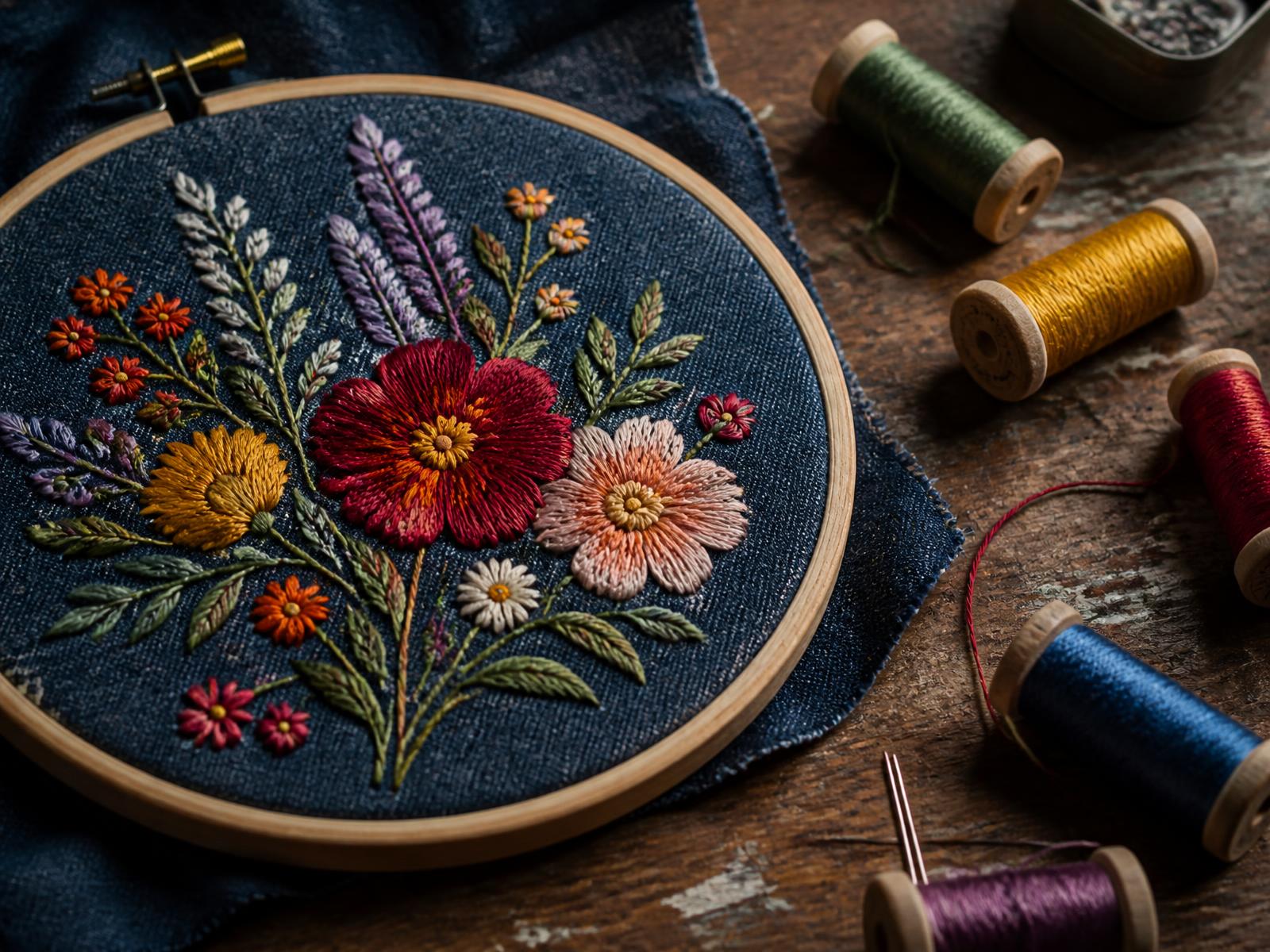 Hand embroidery on denim with thread spools