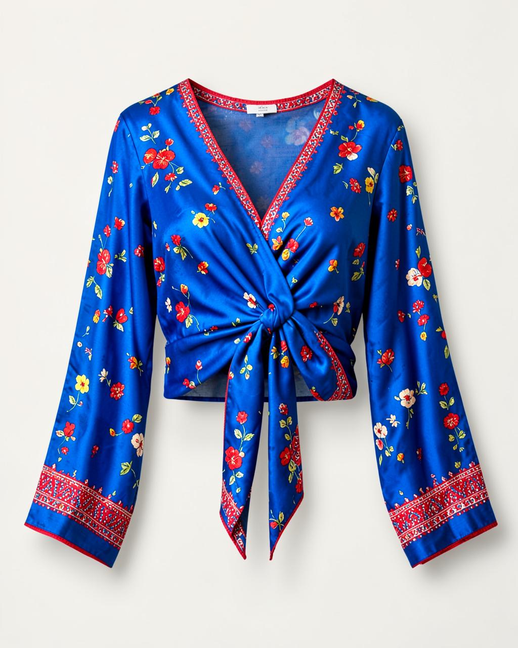 Saree Tie-Front Top — Cobalt Hand-Painted