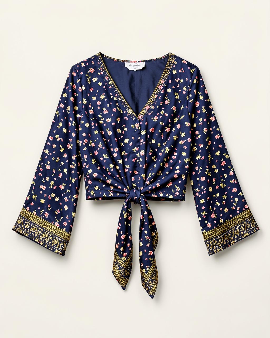 Saree Tie-Front Top — Navy Floral