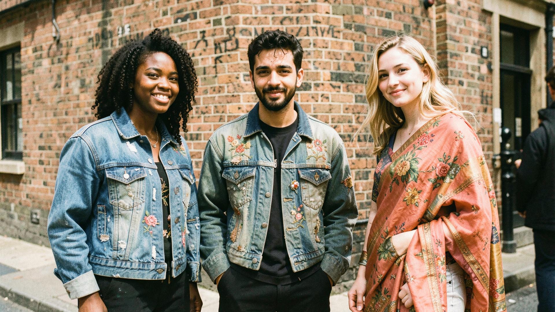 Three friends on a London street wearing reworked denim, embroidered workwear and a recycled saree wrap
