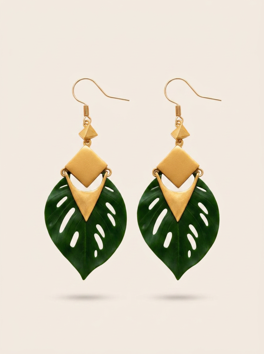 Monstera Brass Drop Earrings