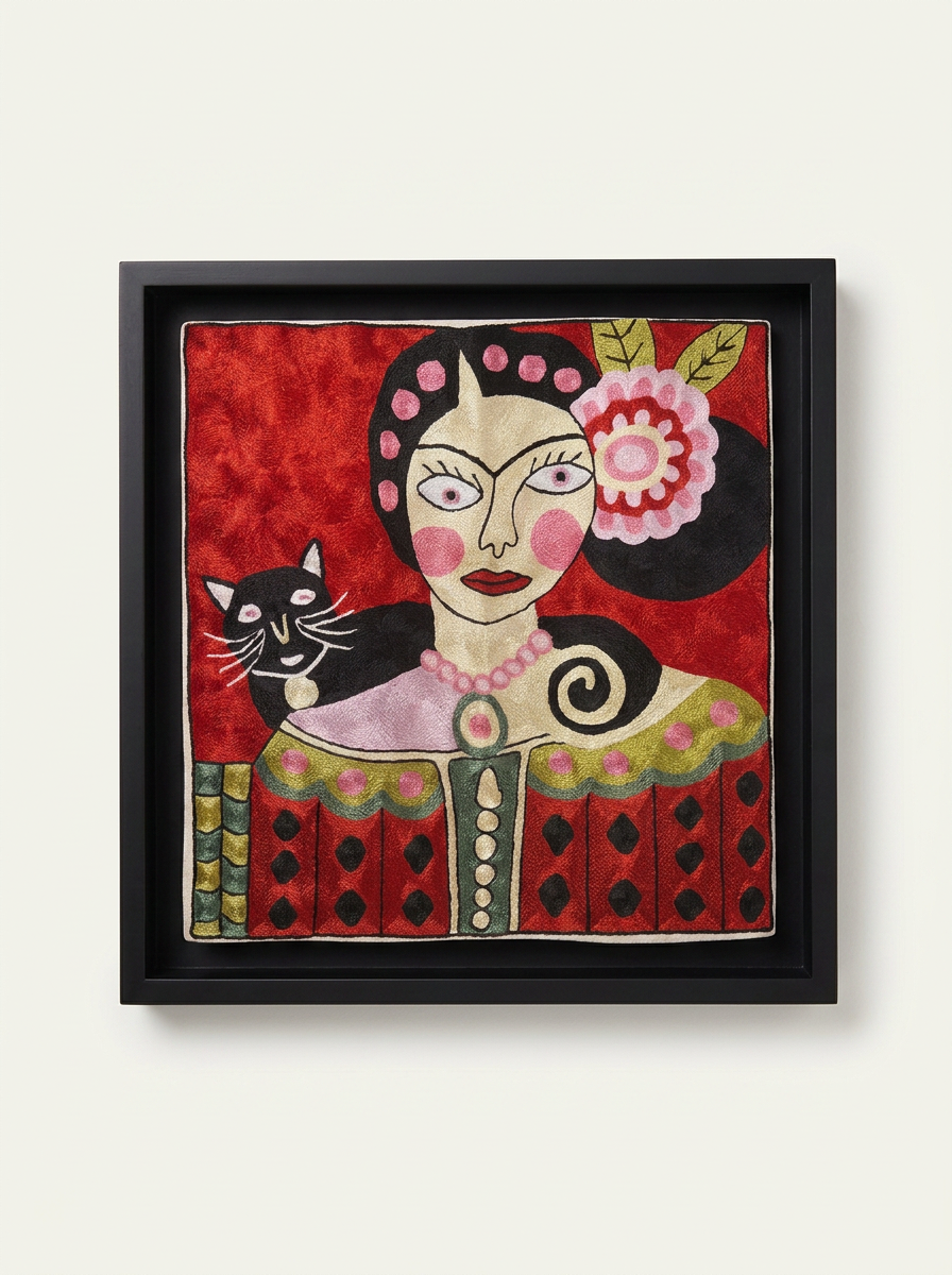 Frida Black Cat Framed Textile Art