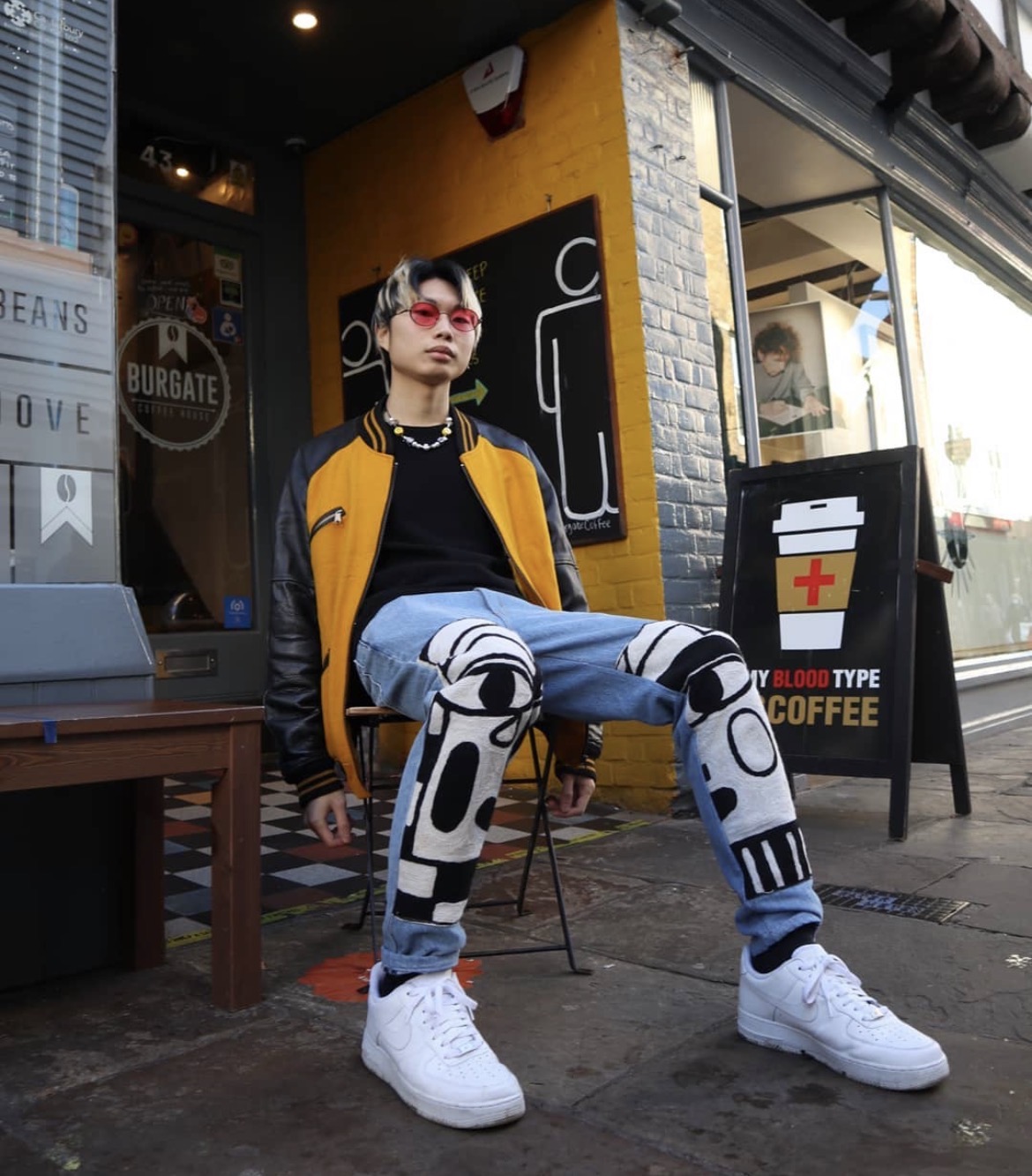 Full Look — Matching jacket and hand-painted denim — a commissioned two-piece.