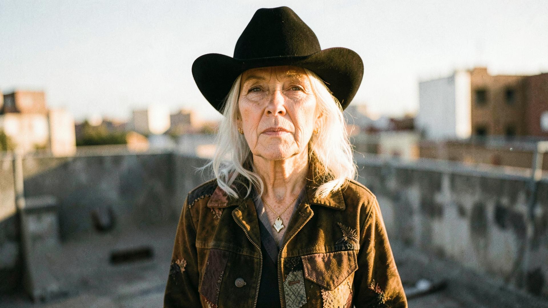 Woman with silver hair in a black western hat and patchwork suede jacket on a sunlit rooftop