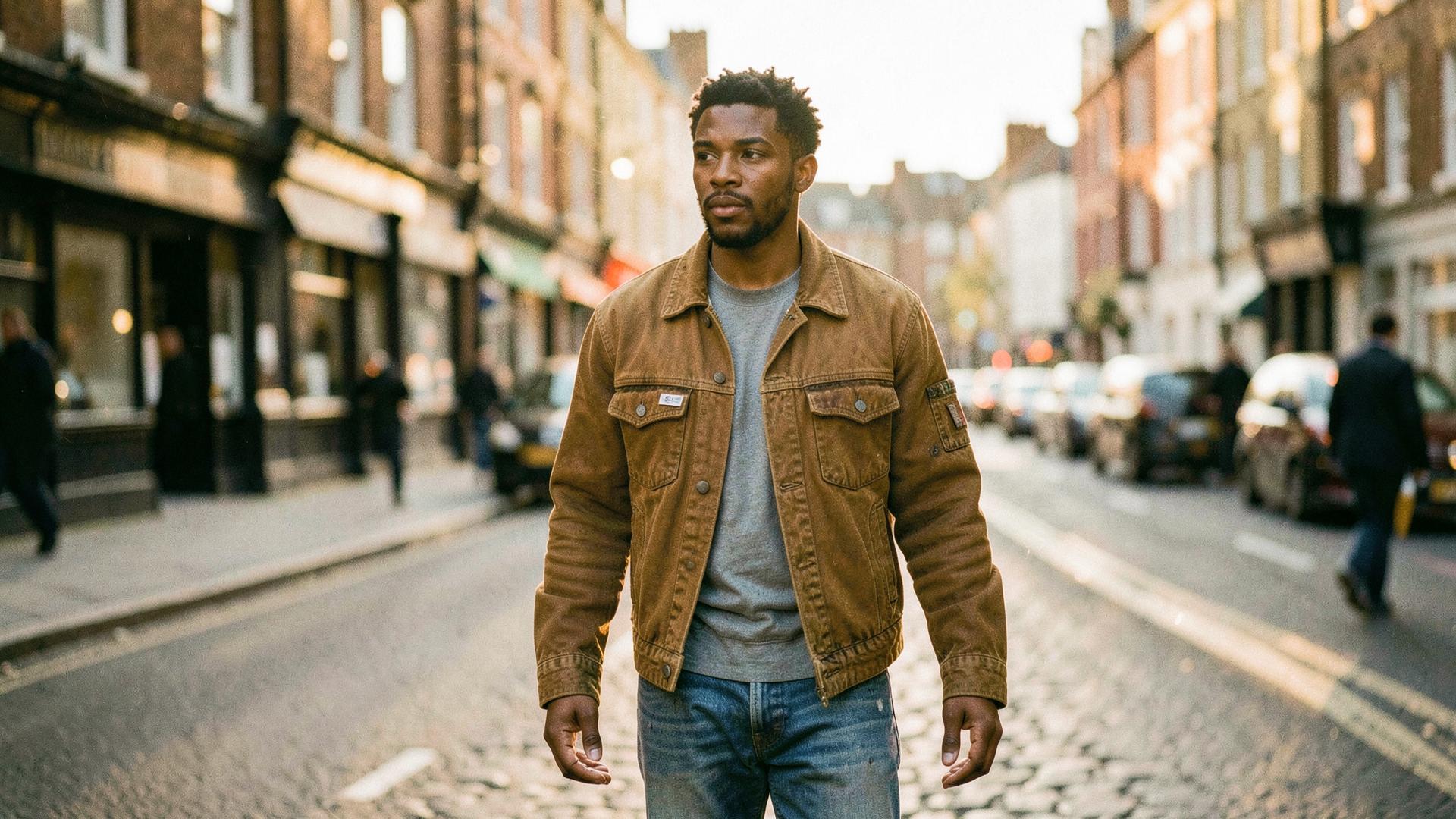 Man walking a London street in a reworked tan workwear jacket and vintage jeans