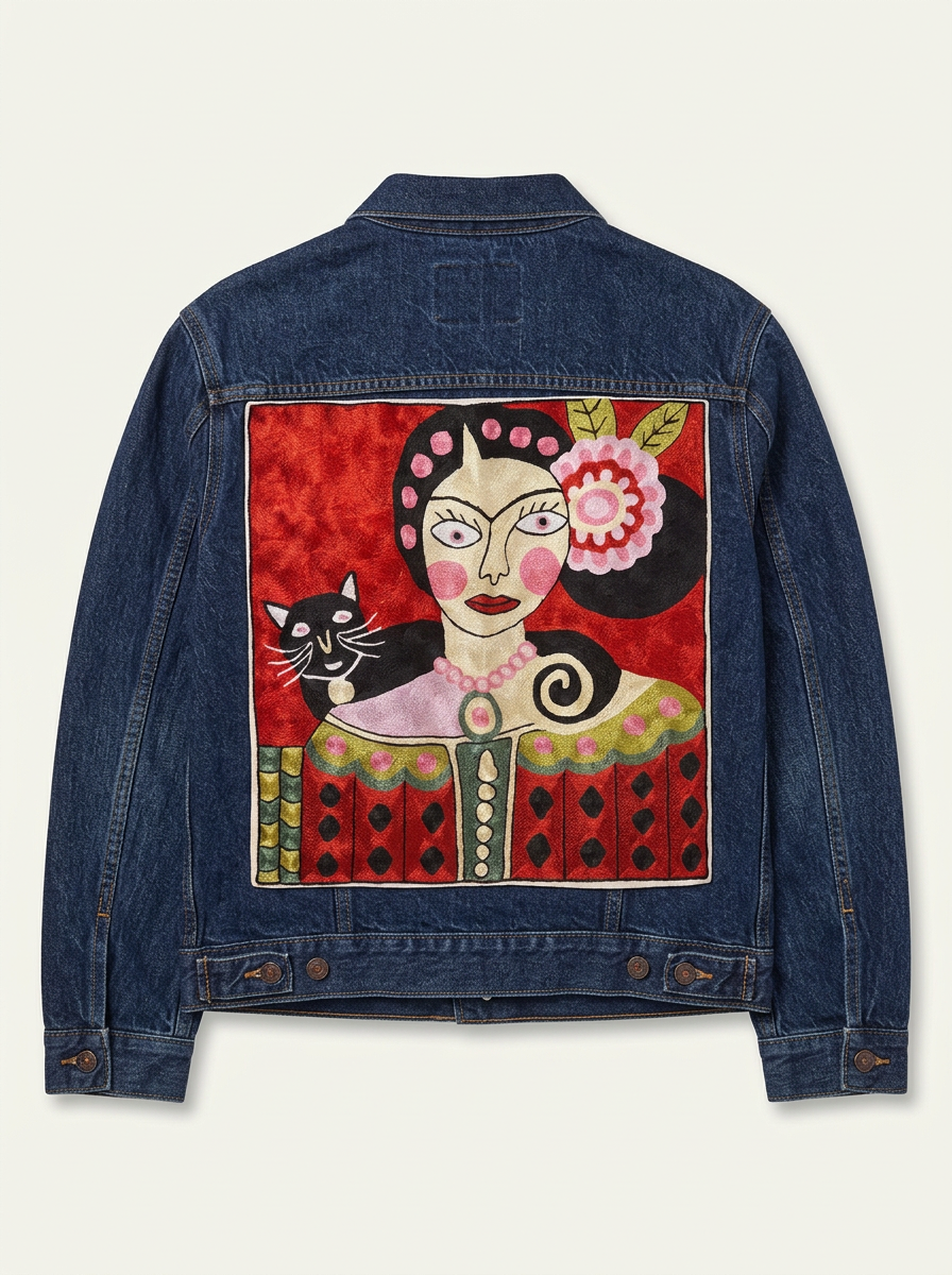 Frida Black Cat Embroidered Denim Jacket