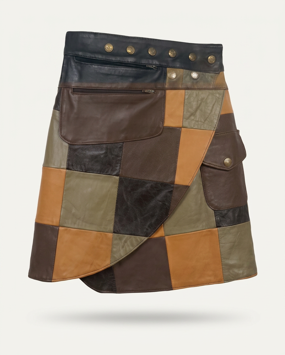 Patchwork Leather Mini Skirt — Olive & Caramel