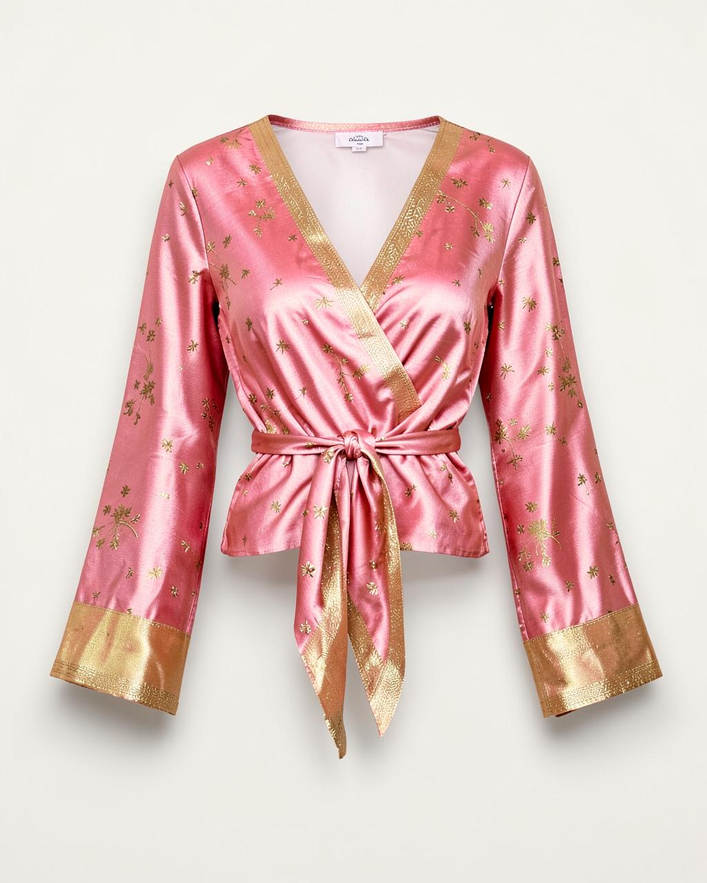 Saree Tie-Front Top — Pink & Gold