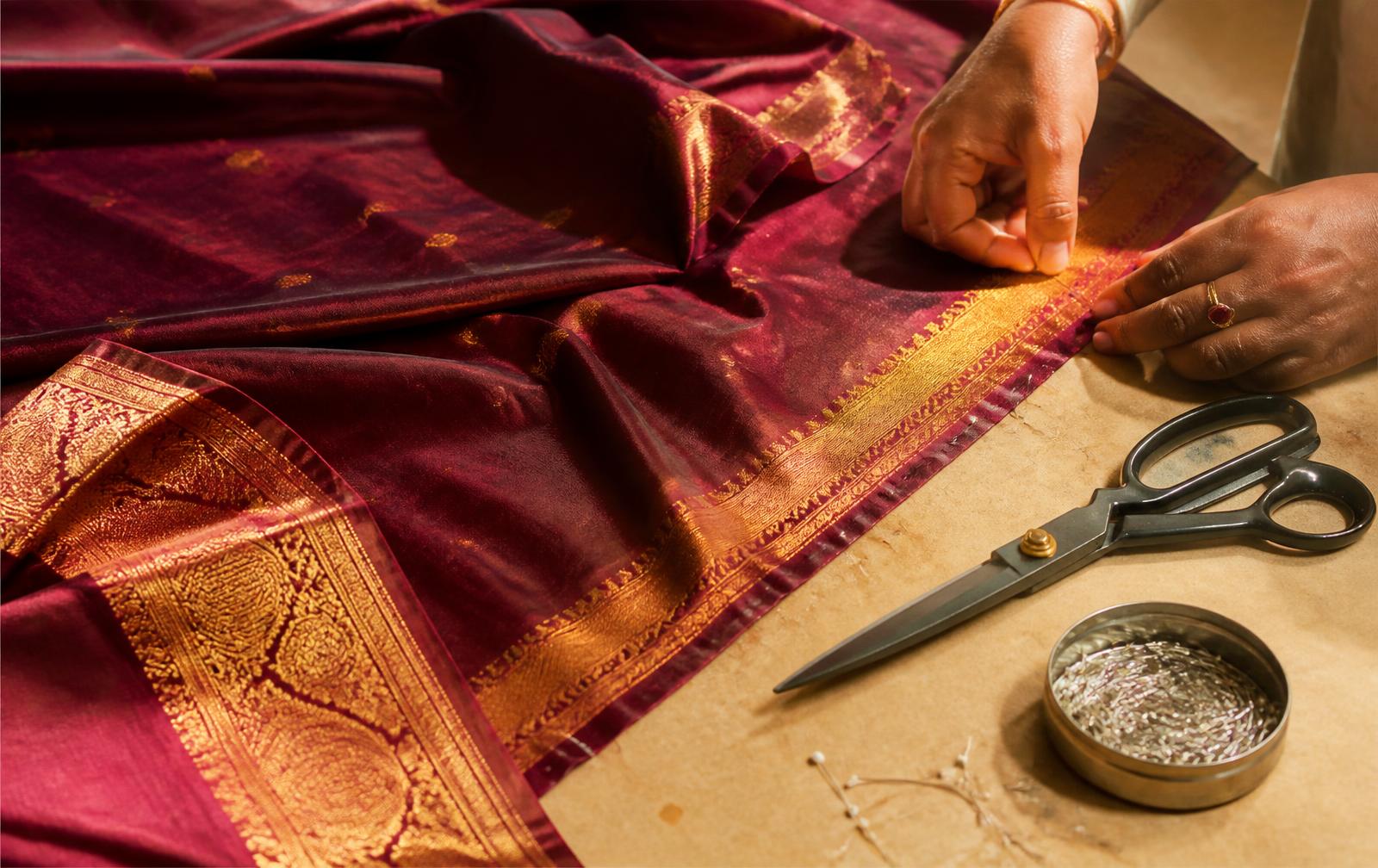 Vintage silk saree with gold zari border being cut on a studio table