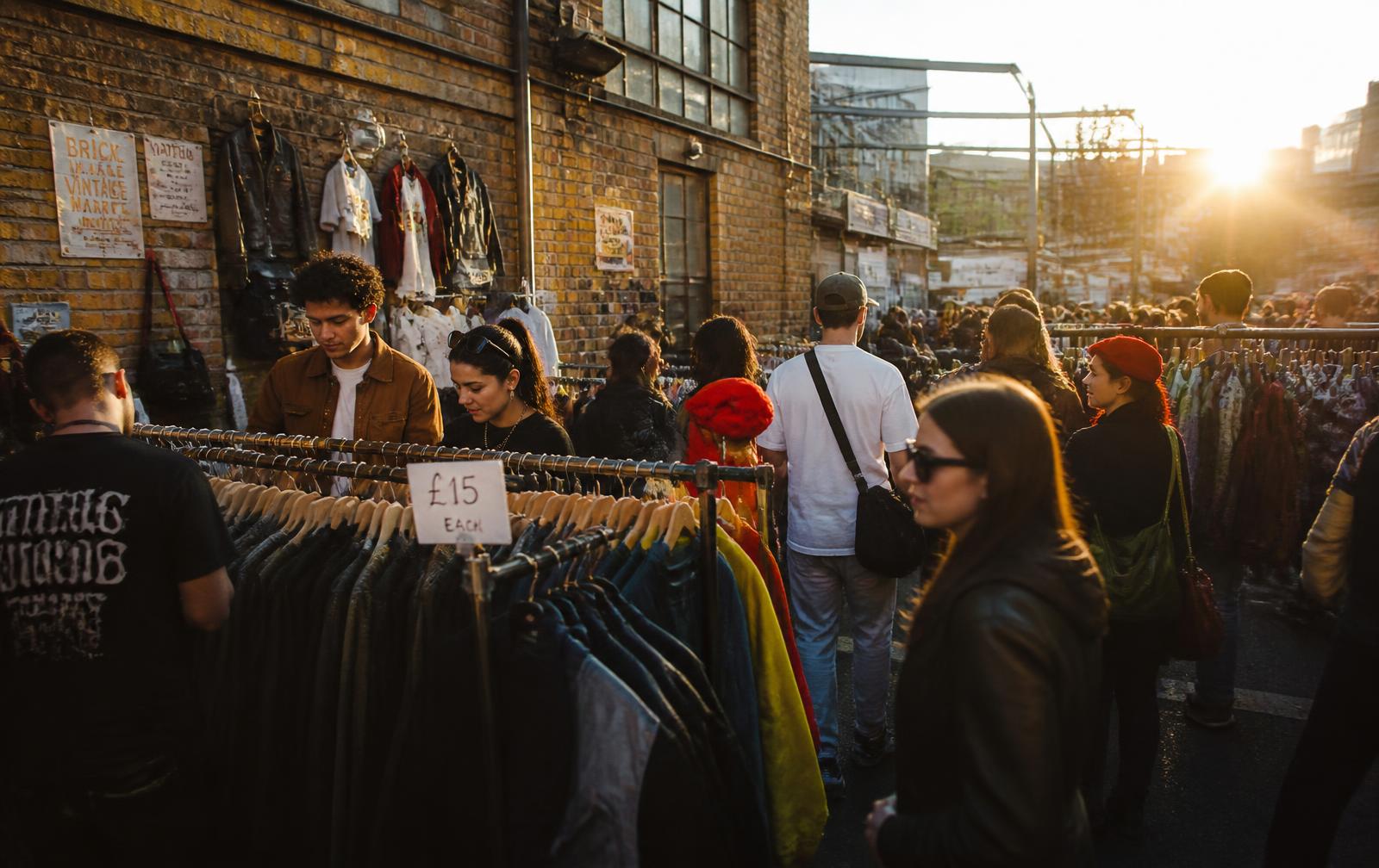 Brick Lane vintage market stall at golden hour