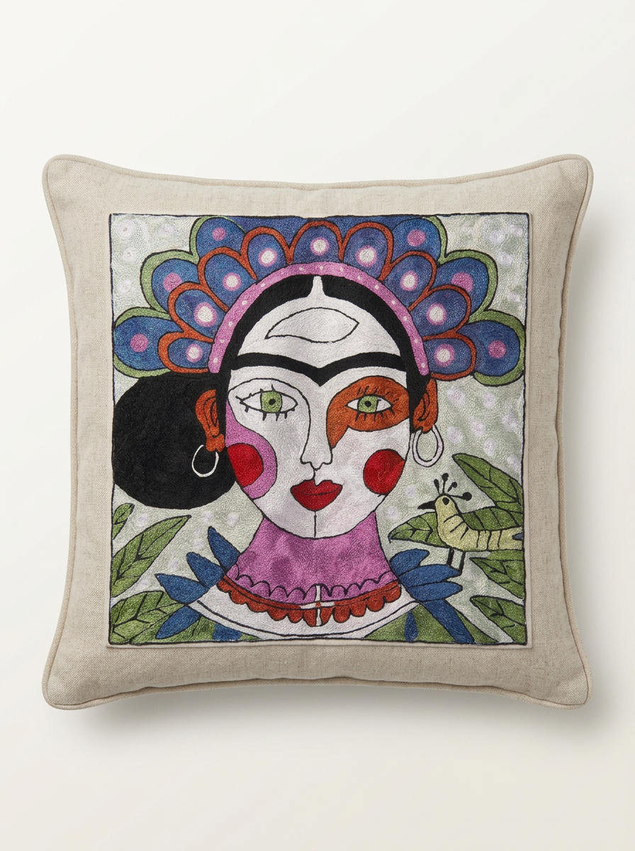 Frida Peacock Embroidered Cushion