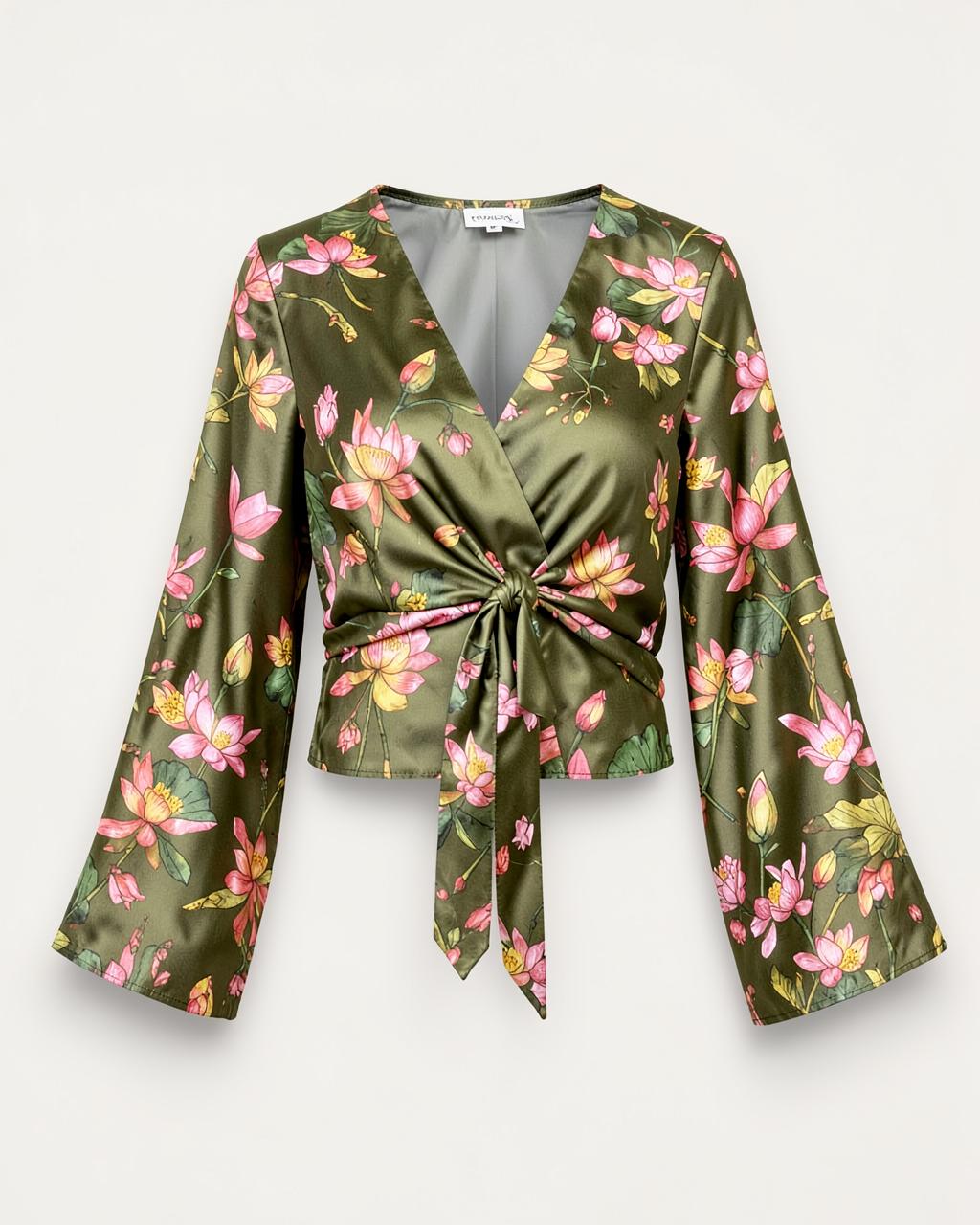 Saree Tie-Front Top — Olive Lotus
