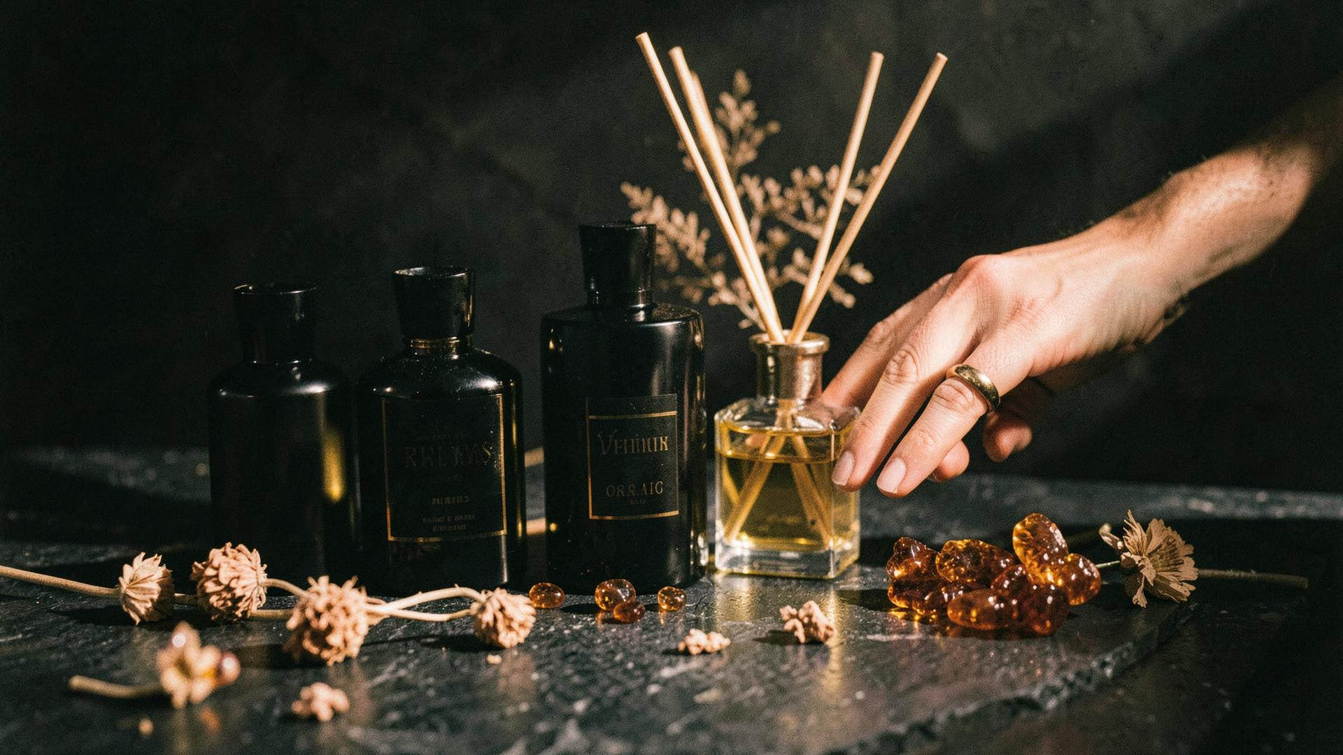 Black and gold Karma oud bottles and a reed diffuser on dark stone with amber resin