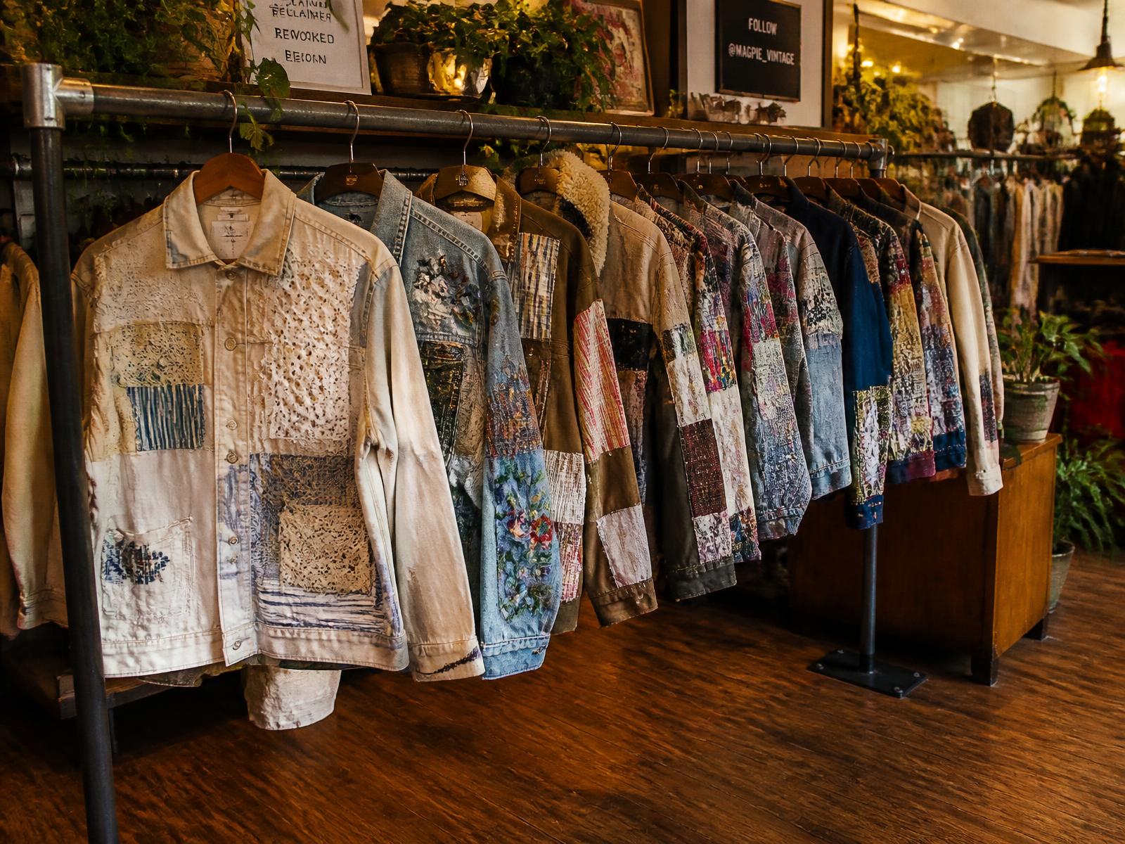 Rail of reworked one-of-a-kind jackets in the Karma Studio shop