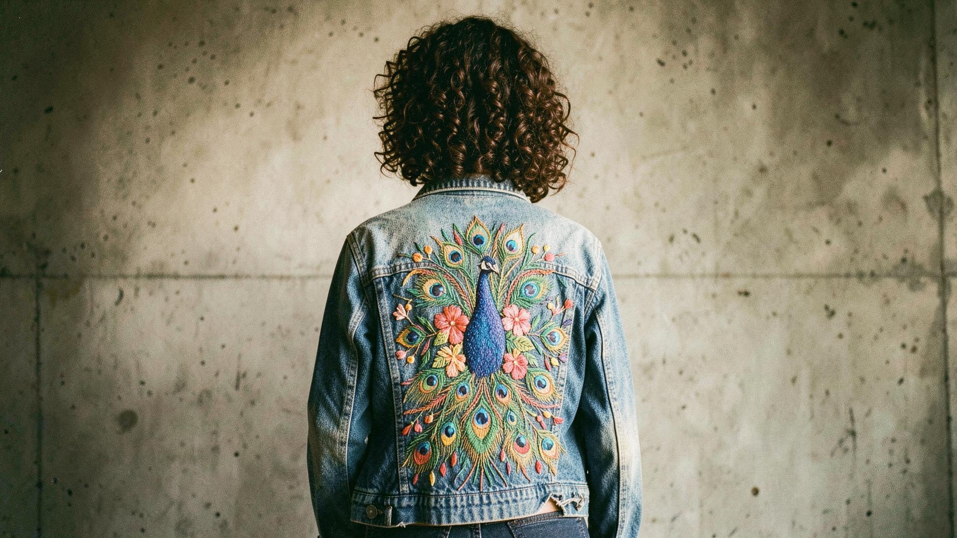 Woman seen from behind wearing a denim jacket with a hand-embroidered peacock across the back